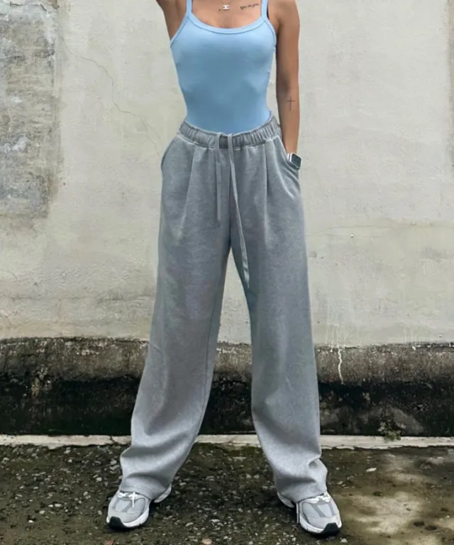다리 길어 보이는 원턱 세미 와이드 트레이닝 팬츠[멜란지 그레이]