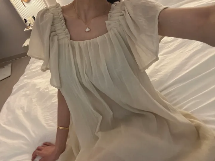 [임산부가능/여리여리핏] 쉬폰 깃털 롱 원피스 잠옷 홈웨어 파자마 상세 이미지 5