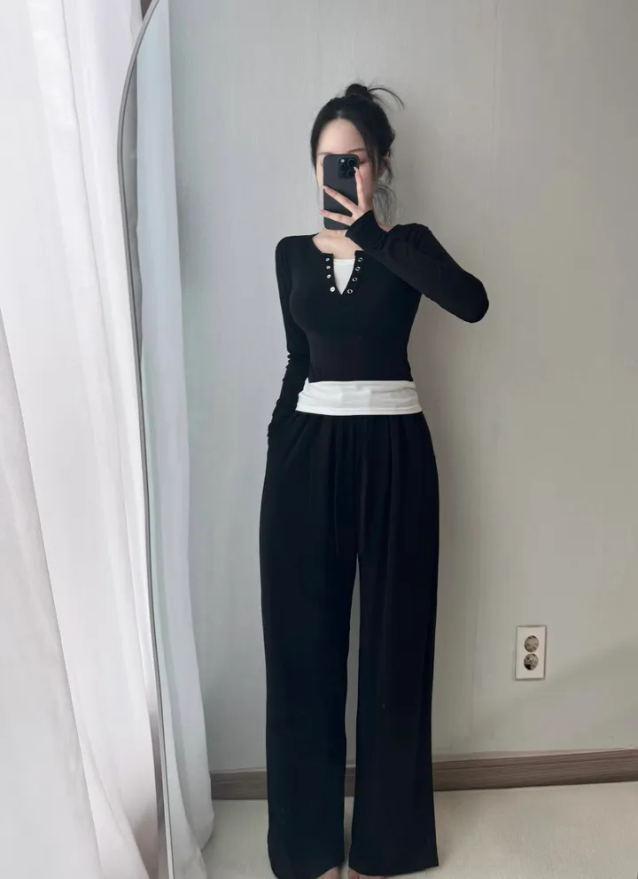 [시원찰랑💕/세트가격] 배색 레이어드 티셔츠 찰랑 와이드팬츠 세트 상세 이미지 19
