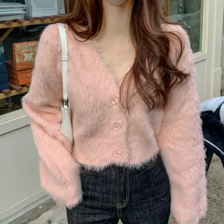 [심쿵핏/털빠짐X] 따뜻 도톰 파스텔 루즈핏 앙고라 모헤어 크롭 브이넥 벌룬 소매 깃털 퍼 니트 가디건 상세 이미지 55
