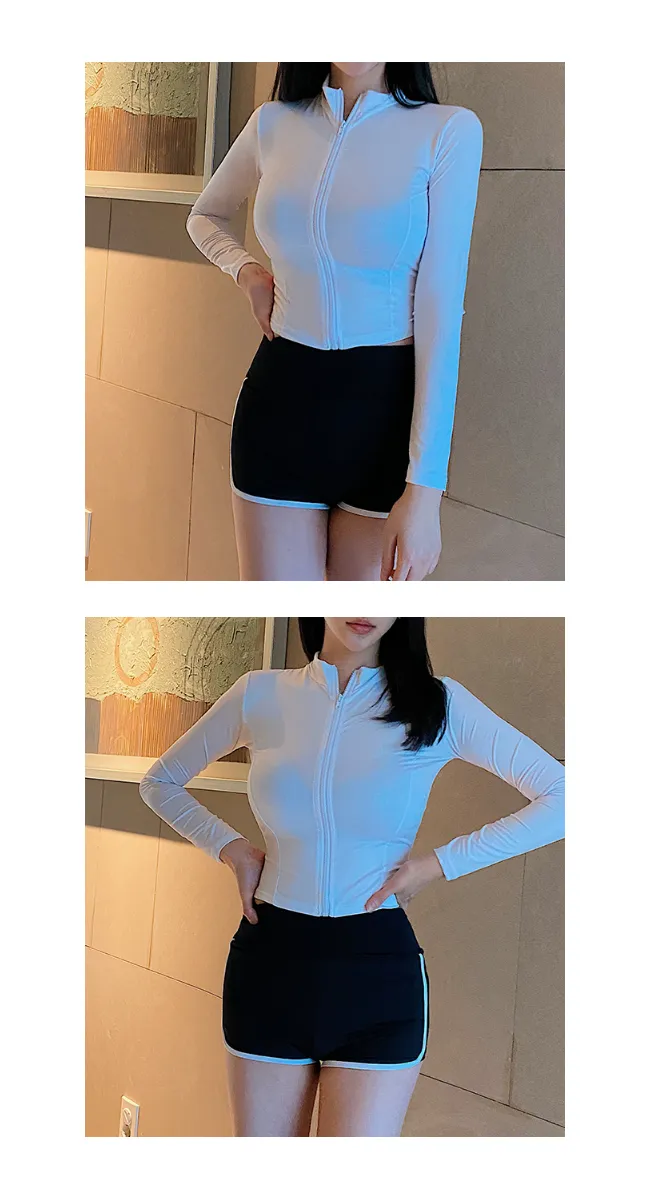 [주문폭주] 플레인 실내 비치웨어 스윔웨어 집업 긴팔 래쉬가드 수영복(아이보리/블랙) 상세 이미지 9