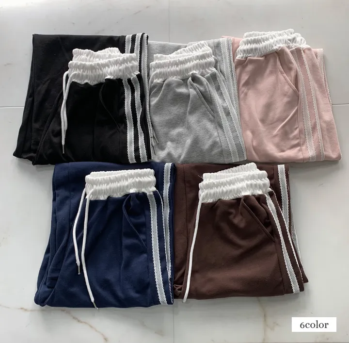 [레이스배색포인트!/국내제작] 자크 두줄 레이스 배색 하이웨스트 롱 트레이닝 츄리닝 팬츠;6color 상세 이미지 5