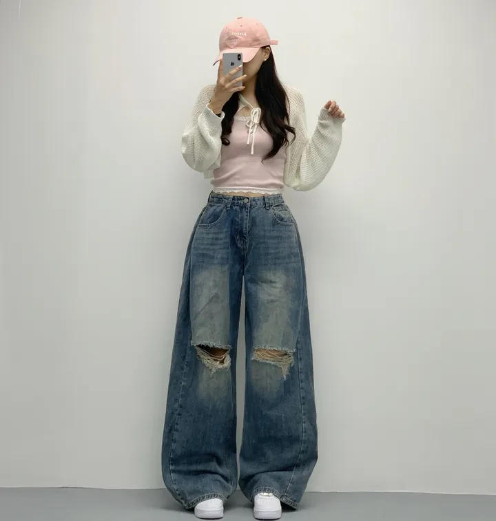 당일🚀[숏,롱/~XL/찐인생바지] 슬릿 찢청 폴딩 빈티지워싱 벌룬핏 옆핀턱 와이드팬츠 무릎트임 데님 청바지 기장선택 빅사이즈까지 오버핏팬츠 여름청바지 상세 이미지 29