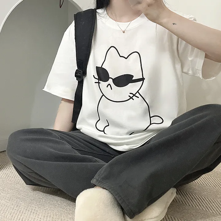 🖤[당일출고/남녀공용]🖤 고양이 캣 잠옷 파자마 상하세트 체크바지 빅사이즈 박시핏 루즈핏 오버핏 박시티 반팔 티 티셔츠 여름 면티 커플티 커플룩 커플티셔츠 커플잠옷 순면 상세 이미지 14