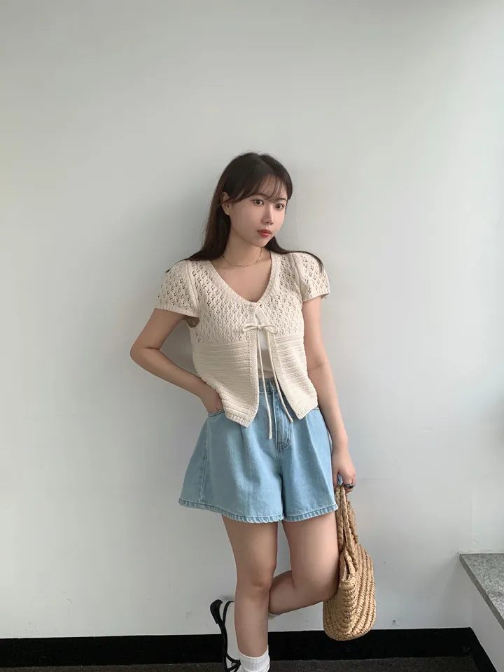 멜라운지 콤비 하프 가디건 mellounge 2col 반팔 여름 리본 펀칭 레이어드 러블리 상세 이미지 8