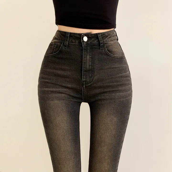 [~XL/인생핏!] 브라운 틴팅 워싱 하이웨스트 흑청 데님 부츠컷 팬츠 상세 이미지 8