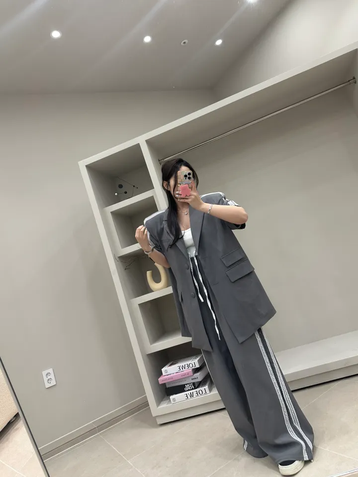 (프리미엄,핏보장,빅사이즈가능)트렌디한 자수레이스 배색 자켓팬츠세트 상세 이미지 6