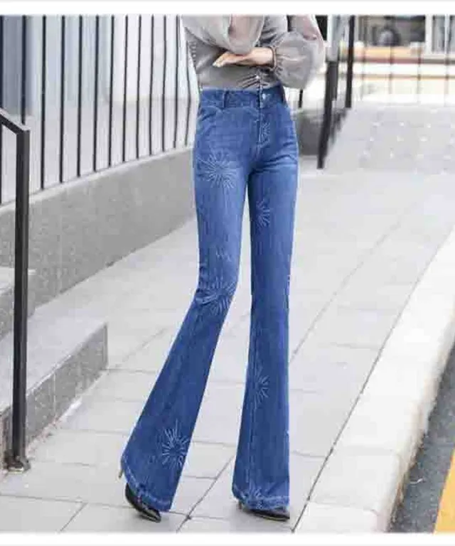 봄가을 스크레치 문양 여성 데님나팔바지 슬림핏