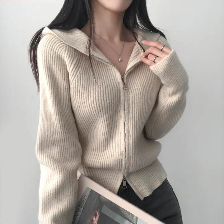 🚚당일출고🚚[부드러움] 허리잘록 여리핏 투웨이 후드 골지니트 집업 상세 이미지 17