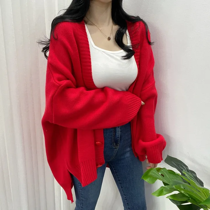 🚀당일발송-레드/블랙🚀[고퀄/데일리룩] 봄🌸 가을 디얼 터크 언발 오버핏 니트 가디건 상세 이미지 23