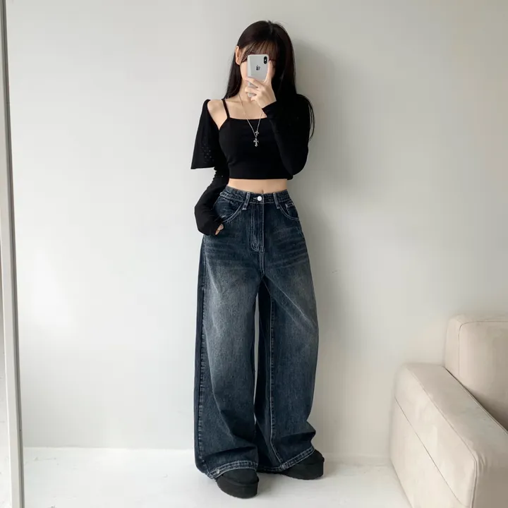 [모델소장🖤/기장선택/~XL] 페이블 3기장 힙 빈티지 워싱 하이웨스트 로우 밑단 스냅 조거 와이드 데님 팬츠 청바지 키작녀 키큰녀 남녀공용 사계절팬츠 빅사이즈 상세 이미지 15