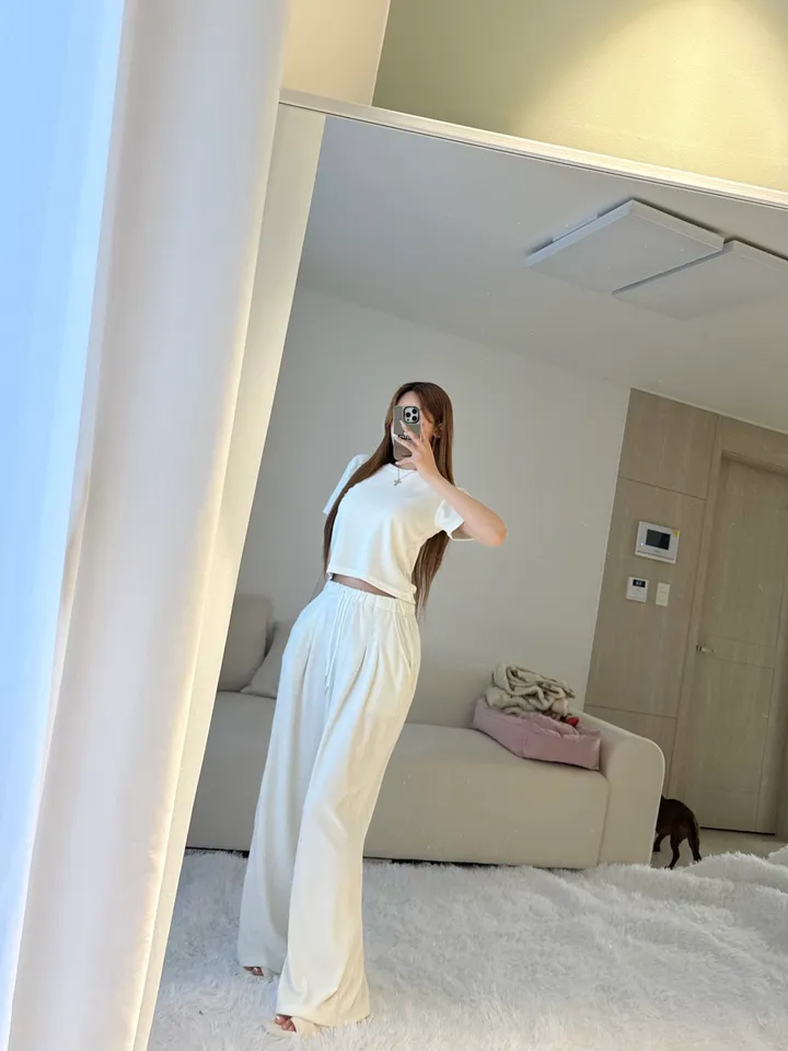 [교복템❕/강추] 테리 타올 크롭 반팔 티셔츠 핀턱 밴딩 와이드팬츠 투피스 트레이닝 세트 상세 이미지 8