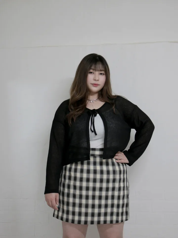 (55-100) 빅사이즈 브이넥 시스루 리본 가디건 살탐방지 얇은가디건 상세 이미지 17