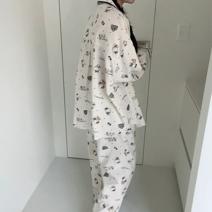 🖤[당일출고/정품/최저가!]🖤 헬로키티 잠옷 파자마 상하세트 면 레이온 봄 가을 박시핏 빅사이즈 오버핏 루즈핏 캐릭터 산리오 땡땡이 도트 원카라 블랙 레이스 선물 파자마파티 상세 이미지 6