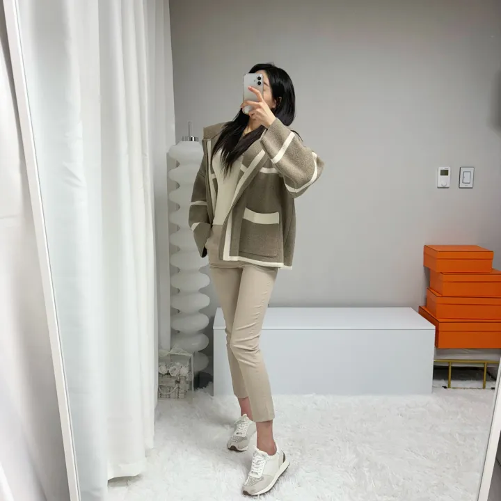 *꾸안꾸, 루즈핏* 라인 배색 니트 후드집업 가디건 자켓 상세 이미지 14