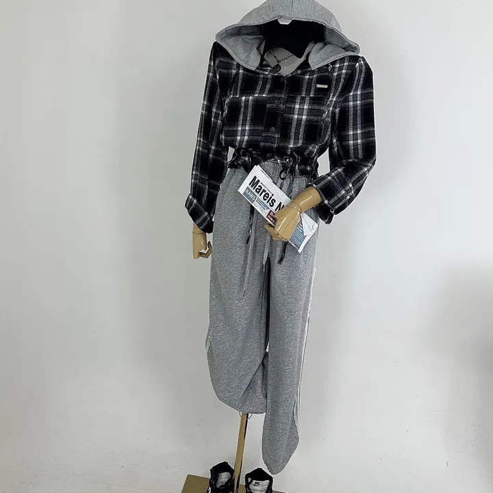 [패드내장/데일리/캐주얼/코디추천템] 크롭 체크 후드 배색 패치 스트링 셔츠 남방 상세 이미지 16