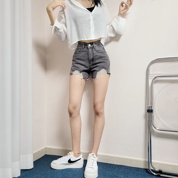 [가격실화?/데미지] 하이웨스트 컷팅 밑단 빈티지 데님 숏팬츠 청 반바지 (2color) 상세 이미지 11