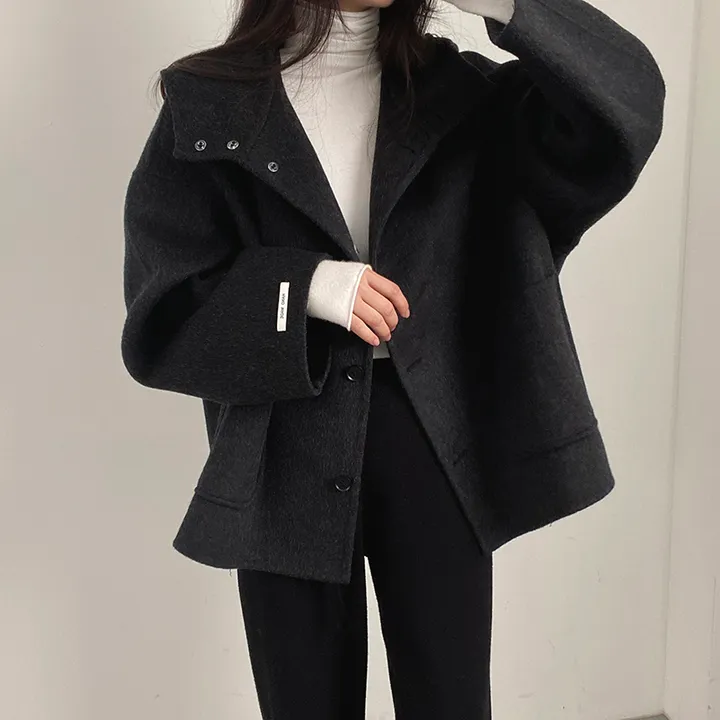 (껴입어도 넉넉한 사이즈) 오버핏 울 핸드메이드 후드 하프코트 상세 이미지 34