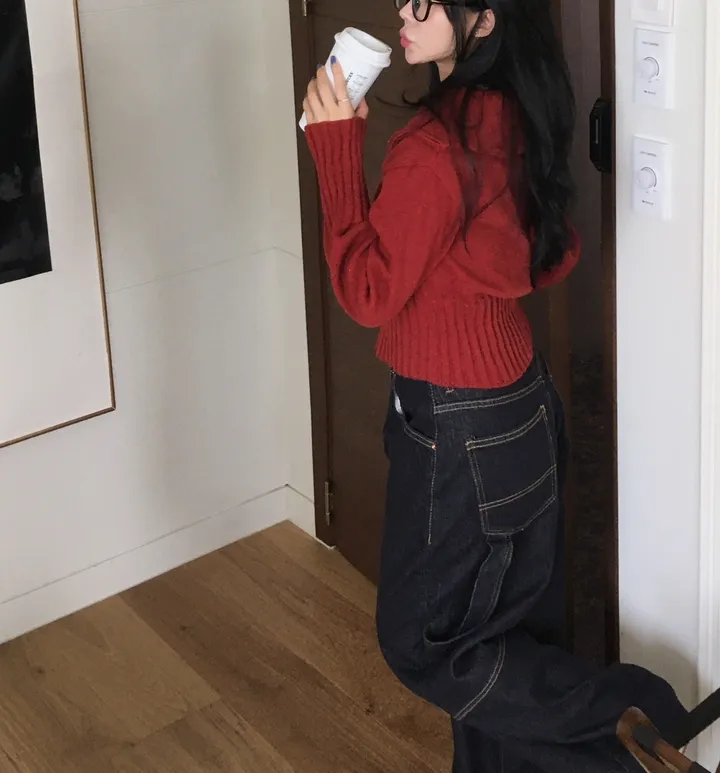 [간절기신상/허리잘록!] 데일리 투웨이 카라넥 하이넥 세미 크롭 니트 집업 상세 이미지 4