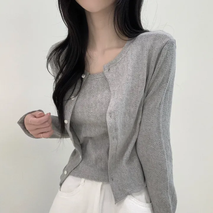 [나시+가디건set/여름까지] 여리여리 로맨틱 무드 펀칭 아일렛 세미크롭 투피스 세트 상세 이미지 8