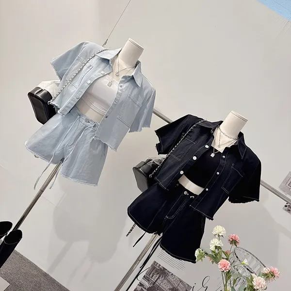 *최저가* [세트가격!/하객룩!] 드뷔 스티치 데님자켓 청자켓 데님셔츠 셔츠카라 버튼 포켓 반팔자켓 크롭자켓 스트링 밴딩 하이웨스트 와이드 반바지 숏팬츠 여름투피스 세트 데님세트 상세 이미지 39