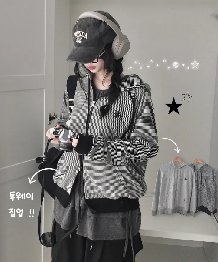 [투웨이지퍼!/유니크힙🖤] 여유핏 루즈핏 스트라이프 단가라 후드 집업 상세 이미지 1