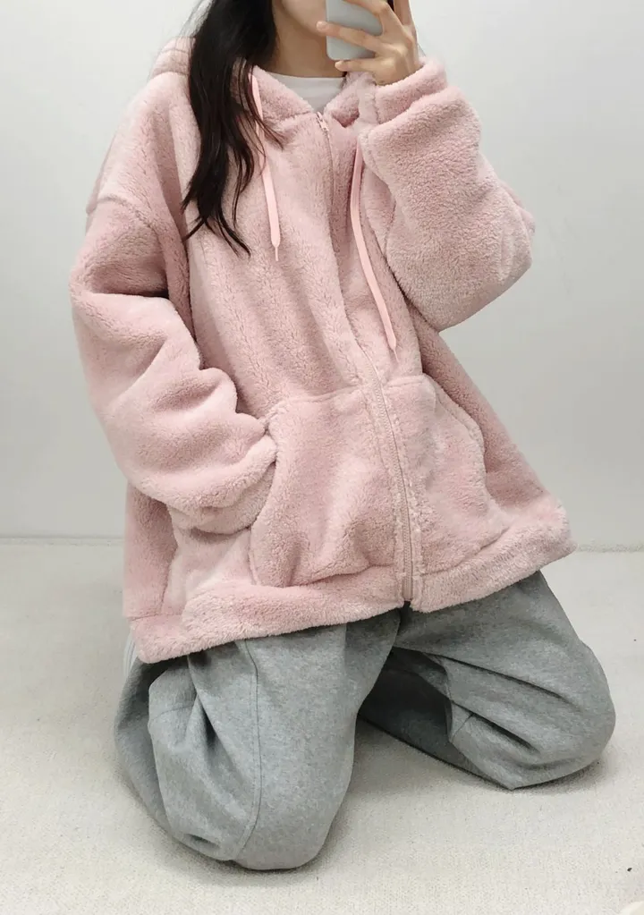 [보아털] 오버핏 포근한 두꺼운 털 빅후드 집업 상세 이미지 23