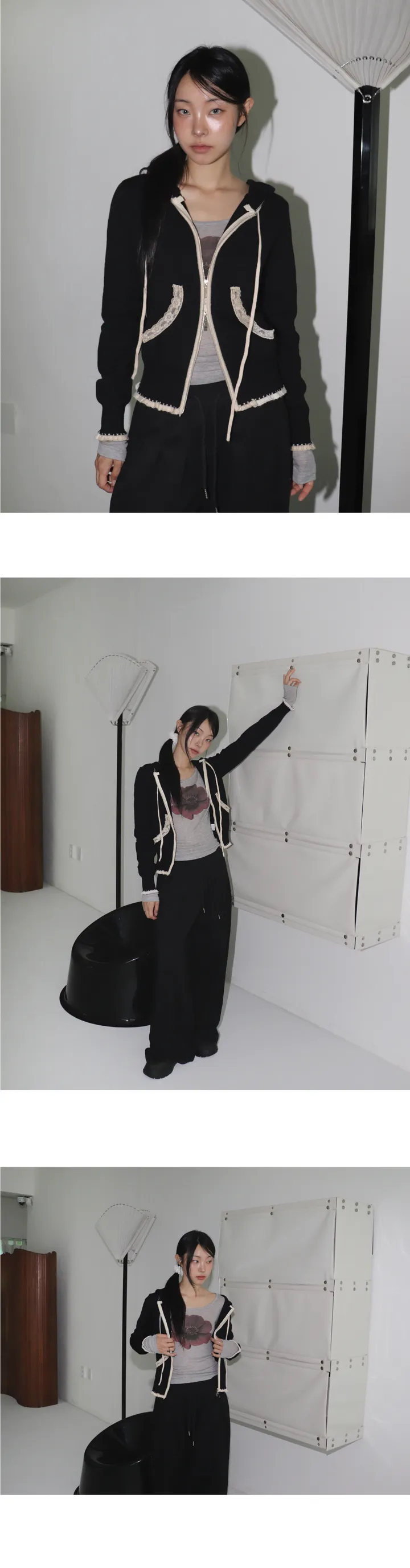 에샤 레이스 배색 투웨이 니트 후드 집업 상세 이미지 8