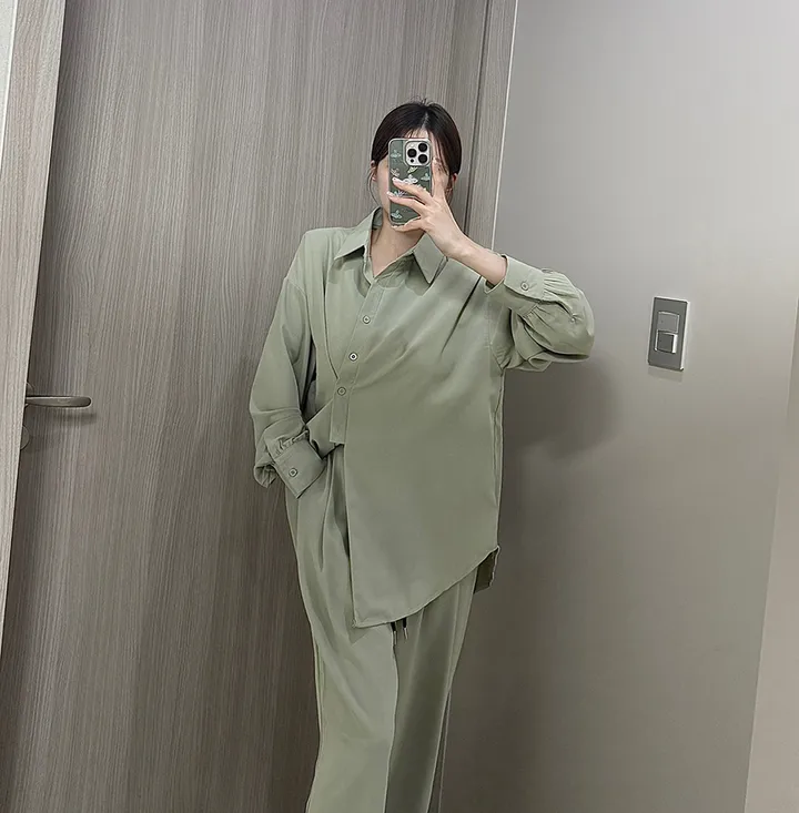 [최저가/부분당일발송🚚]빅사이즈 루즈핏 패치 남방셔츠 스트링 슬랙스 와이드팬츠 투피스세트/44-88/빅사이즈/찰랑/시원한소재/여름신상/뒷밴딩/여름하객룩/휴양지룩/바캉스룩/투웨이 상세 이미지 11