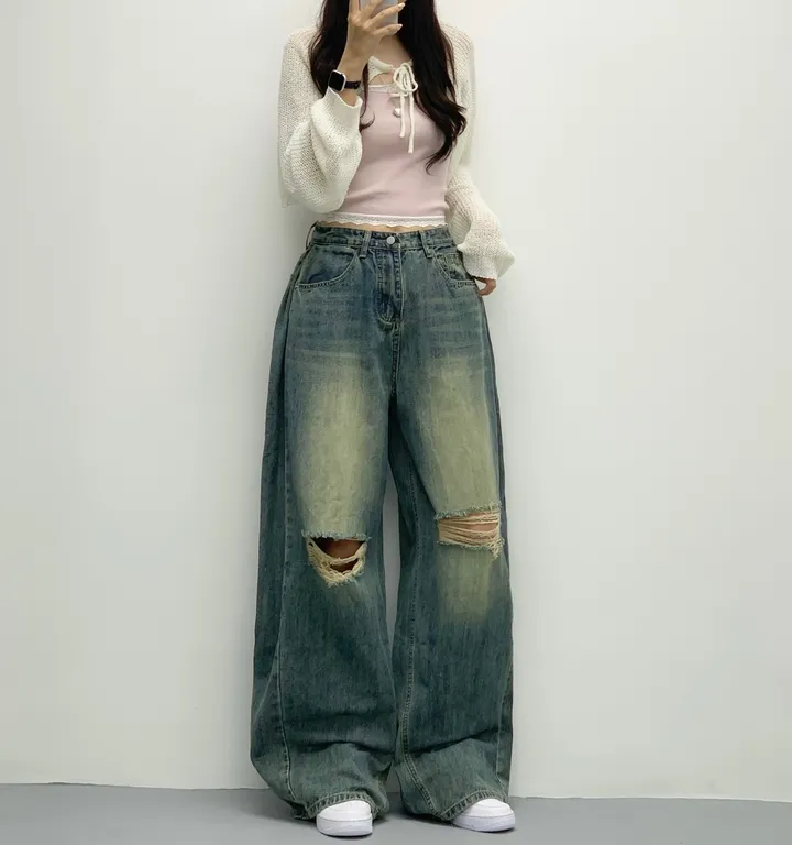 당일🚀[숏,롱/~XL/찐인생바지] 슬릿 찢청 폴딩 빈티지워싱 벌룬핏 옆핀턱 와이드팬츠 무릎트임 데님 청바지 기장선택 빅사이즈까지 오버핏팬츠 여름청바지 상세 이미지 21