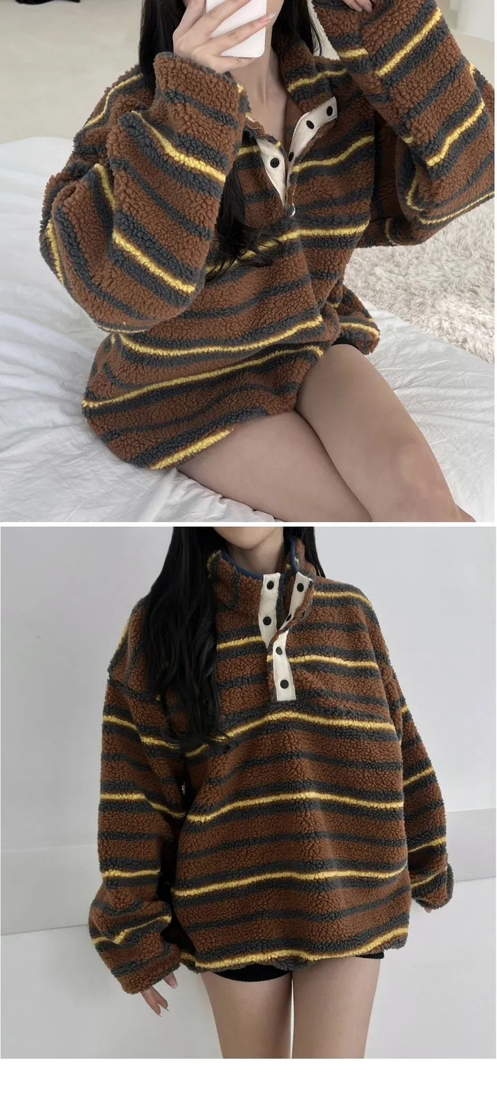 [왕오버핏💚/뽀글이]오버핏 단추 양털 아노락 2color 상세 이미지 9