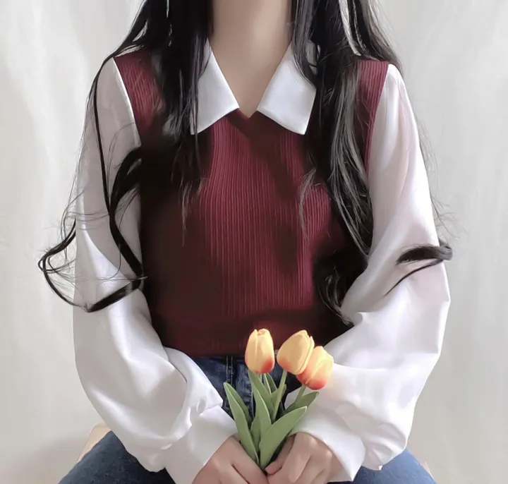 [셔츠+니트 일체형!] 포밍 레이어드 카라 벌룬 배색 니트 블라우스 4color 베이지 핑크 소라 블랙 상세 이미지 18