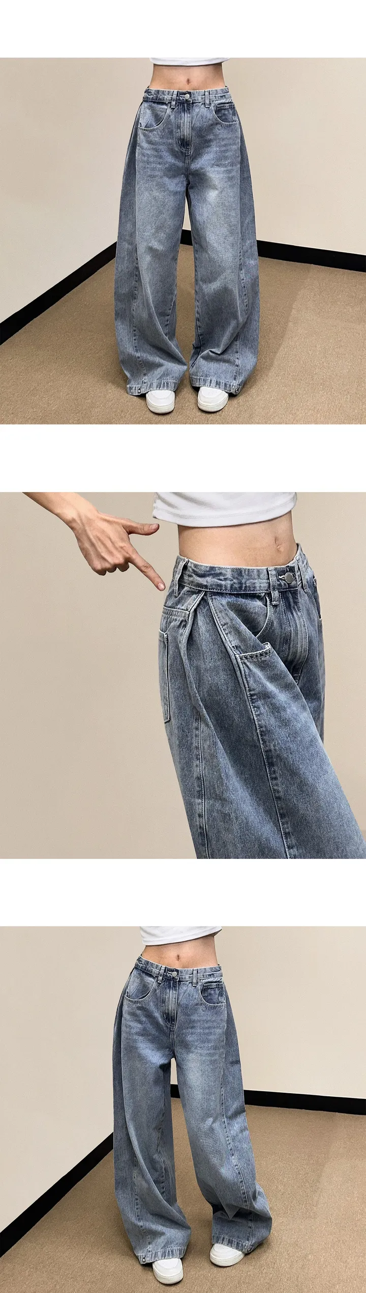 데님버전🐼 [밑단스냅/기장선택!/~XL] 쵸파 폴딩 밑단 스냅 버튼 데님 롱 와이드 팬츠 똑딱이 핀턱 비조 빅사이즈 면바지 키작녀 키큰녀 하이웨스트 사계절 상세 이미지 14