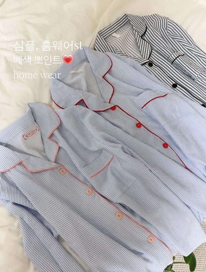 [💙긴팔잠옷set/심플💙]지지미면 잔스트라이프 3타입 컬러배색 잠옷세트 단가라 카라넥 시원한 봄여름가을 사계절 러블리 파자마파티 홈웨어세트 상세 이미지 4