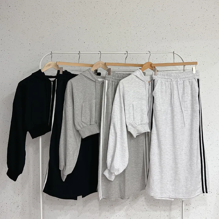 *세트바리* [투웨이지퍼!] 배색 두줄 벌룬 퍼프 크롭 긴팔 후드 집업 + 밴딩 뒷트임 포켓 미디 스커트 투피스 트레이닝 세트 3color 상세 이미지 8