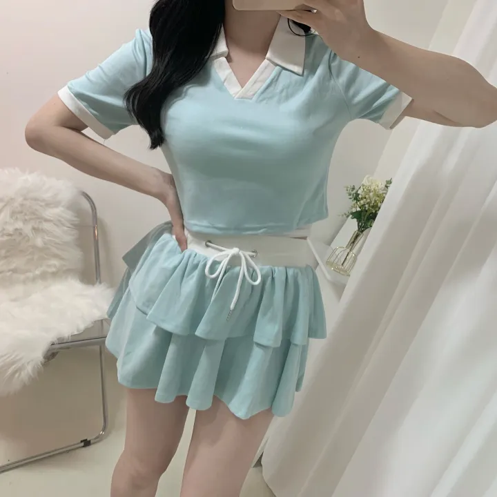 [세트가격/러블리💛] 플레인 배색 카라 크롭 반팔 + 밴딩 캉캉 치마바지 미니스커트 투피스 세트 4color 상세 이미지 17