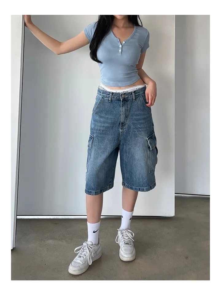 [UNISEX] 카고 데님 청 워싱 버뮤다 반바지 팬츠 (2color) 상세 이미지 6