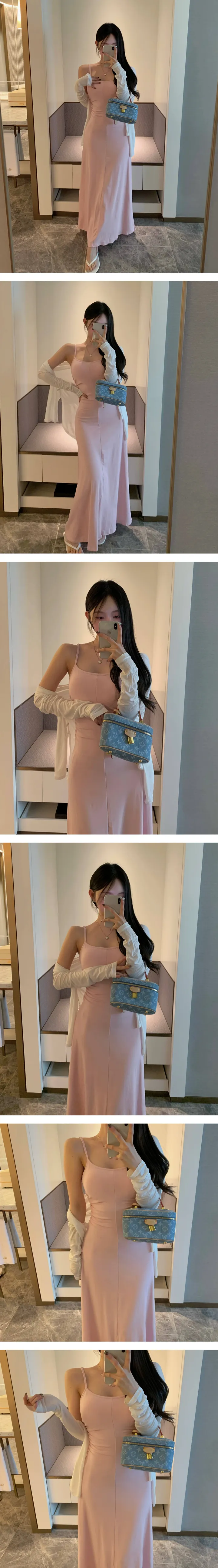 공항SET✈️[원피스+가디건세트] 캡내장⭕ 쫀쫀 스판 셔링 이너 맥시 끈 나시 롱원피스 커버업 여리 리본 백 트임 롱 언발 시스루 가디건 세트 원피스세트 상세 이미지 5