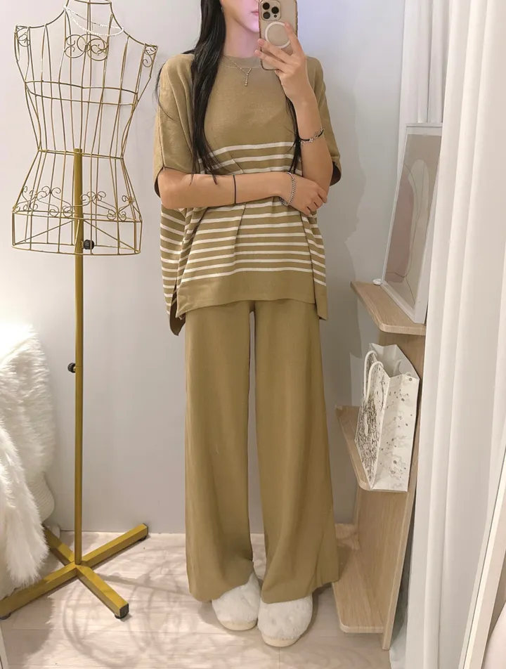 *빠른출고 *체형커버굿 [*44-77/highqual] 모먼트 스프라이트 소프트 단가라 케이프 니트 + 밴딩 와이드 니트 팬츠 투피스 트레이닝세트 - 4color 상세 이미지 27
