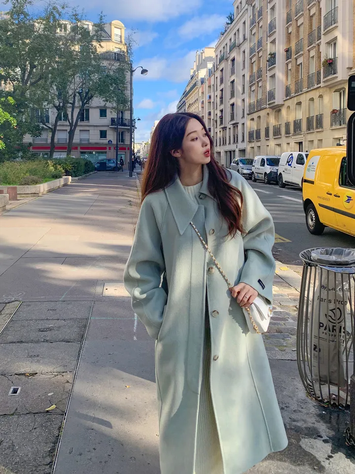 [메리노울100%🤎handmade] 백화점퀄 wool 핸드메이드 롱 울 코트 카라 로브 모직 루즈핏 벨트 싱글 히든버튼 트임 겨울 아우터 네이비 베이지 민트 3col 상세 이미지 67