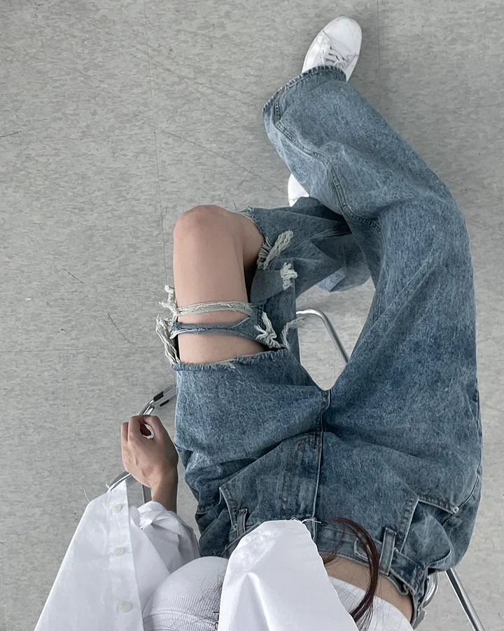 [비조단추] 스톤 워싱 디스트로이 데님 팬츠 상세 이미지 17