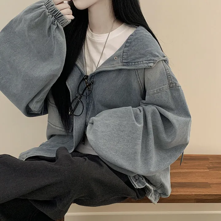 [남여공용/왕오버핏] 데님 투웨이 빅후드 오버핏 워싱 벌룬 청자켓 점퍼 연청 흑청 상세 이미지 9