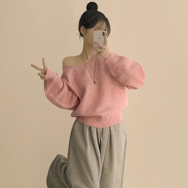 [청순힙✨폭닥] 흐르는 여리핏, 보트 브이넥 오버핏 원오프숄더 아방핏 긴팔니트 빅사이즈 상세 이미지 27