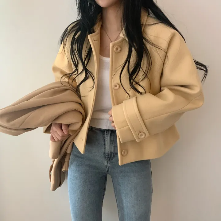 봄가을 크롭재킷 오버핏 아이보리 블랙 싱글버튼 숏코트 상세 이미지 14