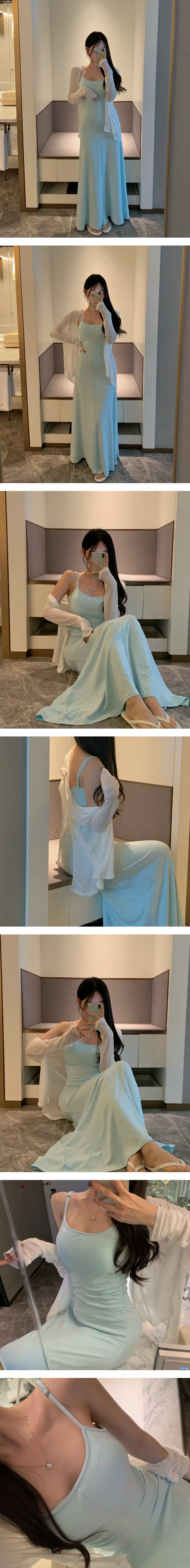 공항SET✈️[원피스+가디건세트] 캡내장⭕ 쫀쫀 스판 셔링 이너 맥시 끈 나시 롱원피스 커버업 여리 리본 백 트임 롱 언발 시스루 가디건 세트 원피스세트 상세 이미지 7