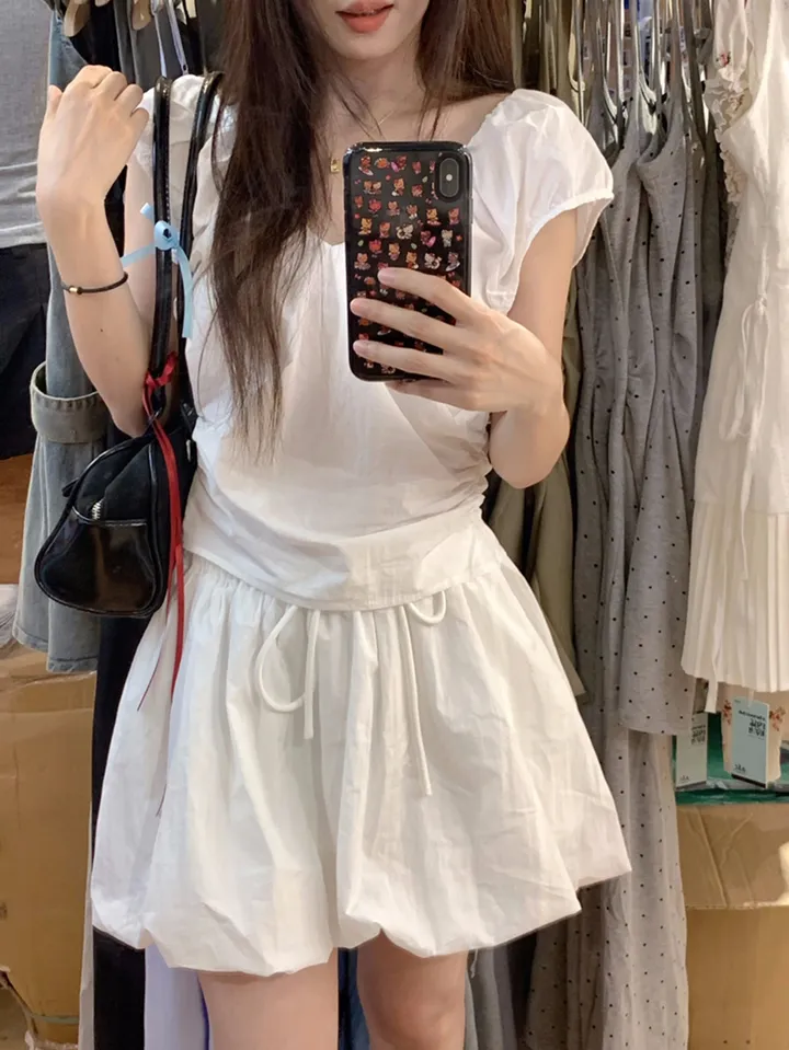 [봄신상💗/2pc세트]퓨어블 셔링 브이넥 블라우스 + 펌킨 스커트 투피스 코디set 상세 이미지 8