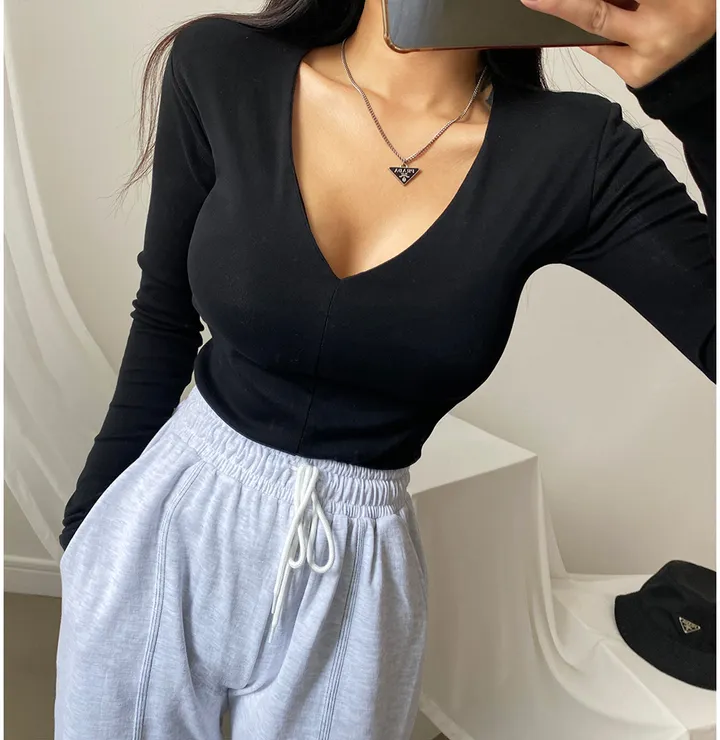 패드 브이넥 스판 절개 슬림 티셔츠 상세 이미지 34