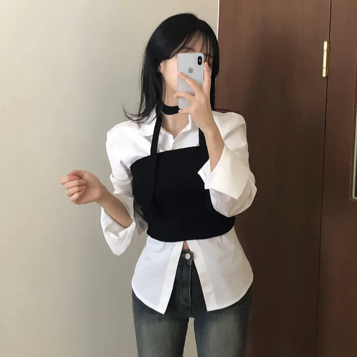 [초커+탑세트!]골지 탱크탑 타이 초커 니트 셋업 4color 상세 이미지 3