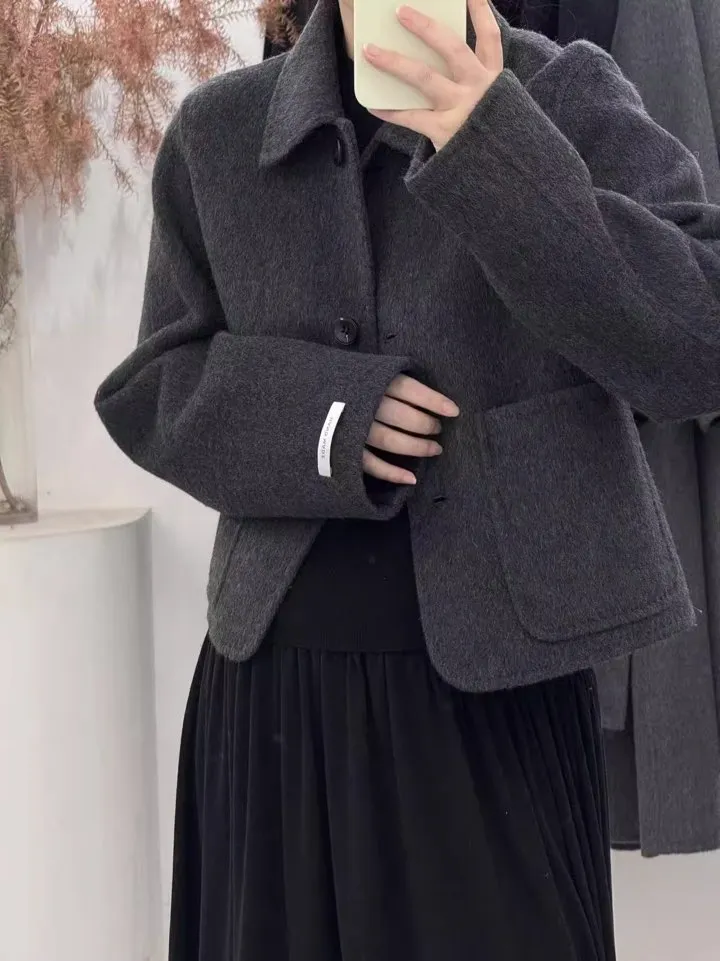 포켓핸드메이드자켓 울자켓 크롭코트 숏코트 카라코트 겨울아우터 하객룩 싱글코트자켓 상세 이미지 2