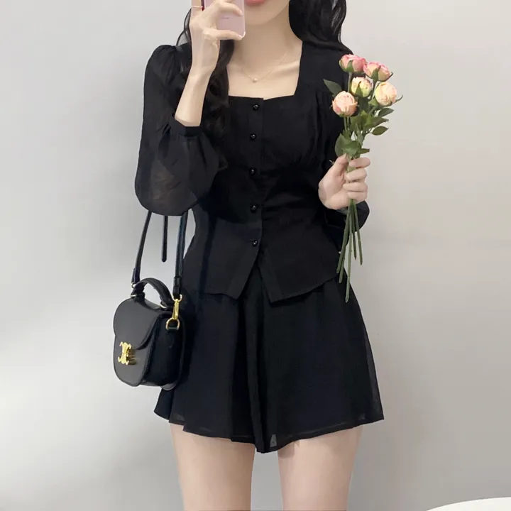 [🚀당일발송/세트가격🌸/3color/데이트룩!] 밀키웨이 청순 여신 리본 스퀘어넥 쉬폰 시스루 셔링 프릴 블라우스 밴딩 A라인 플리츠 팬츠 미니스커트 벚꽃룩 봄투피스 셋업 상세 이미지 24